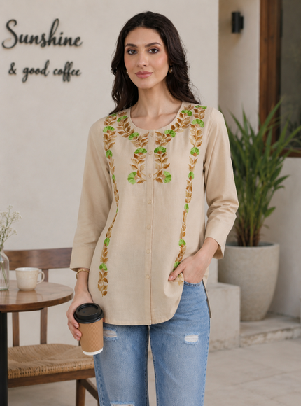 Qazmi Women Aari Embroidered Cotton Linen Buttoned Top
