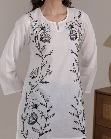 Qazmi Women's Aari Embroidered Pure Cotton Short Kurta