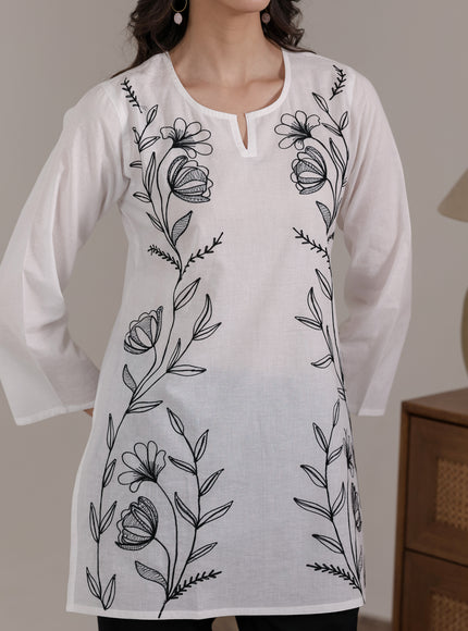 Qazmi Women's Aari Embroidered Pure Cotton Short Kurta