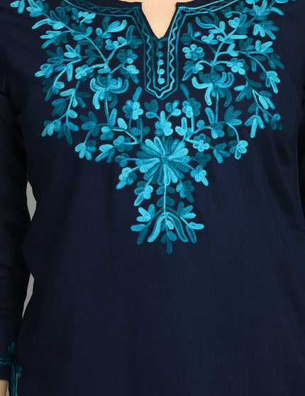 Blue Rama Green Aari Short Kurti For Women