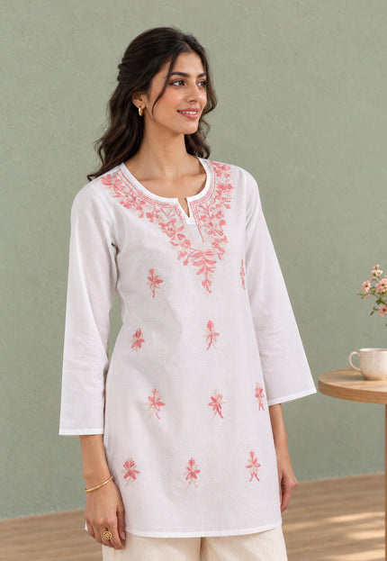 Qazmi Women's Aari Embroidered Pure Cotton Short Kurta