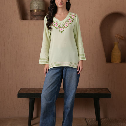 Qazmi Women's Amina Kashmiri Embroidered V-Neck Short Kurti