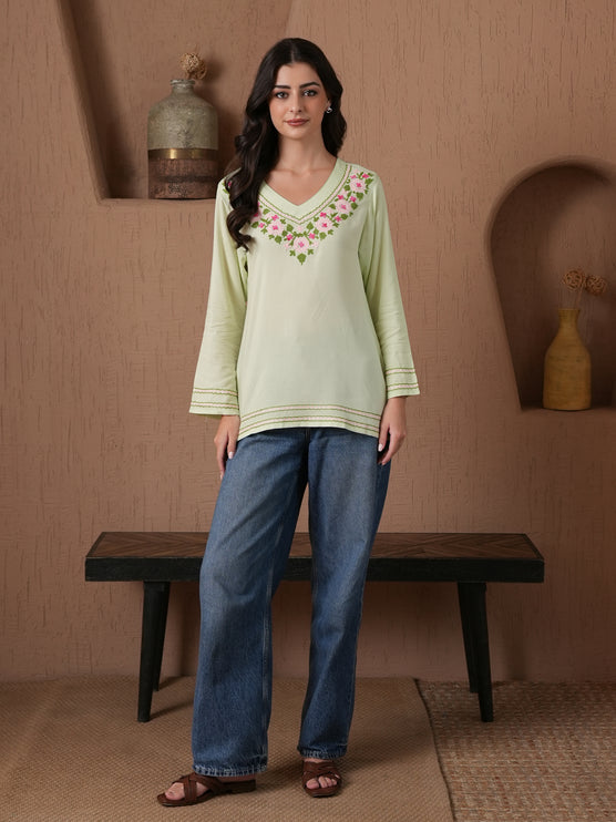 Qazmi Women's Amina Kashmiri Embroidered V-Neck Short Kurti