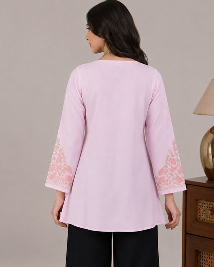 Qazmi Women Aari Embroidered Viscose Rayon A-Line Short Kurti with Full Sleeves
