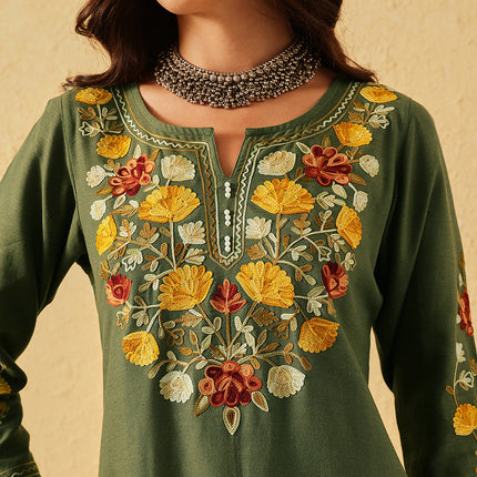 Qazmi Women's Zaynab Kashmiri Aari Work Cotton Linen Olive Green Kurta
