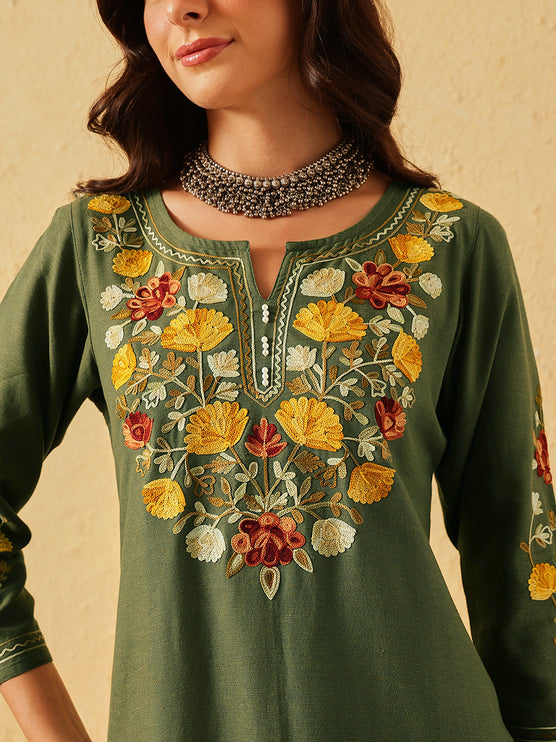 Qazmi Women's Zaynab Kashmiri Aari Work Cotton Linen Olive Green Kurta