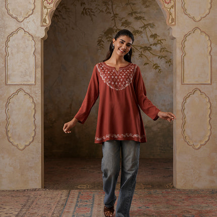 Qazmi Women's Azra Kashmiri A-Line Full Sleeves Viscose Rayon Short Kurti