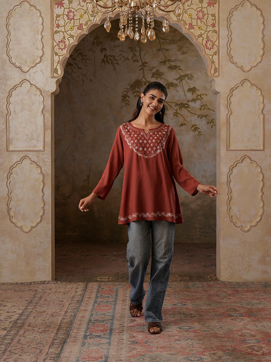 Qazmi Women's Azra Kashmiri A-Line Full Sleeves Viscose Rayon Short Kurti