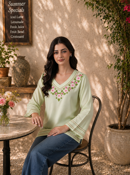 Qazmi Women's Ariana Kashmiri Embroidered V-Neck Short Kurti