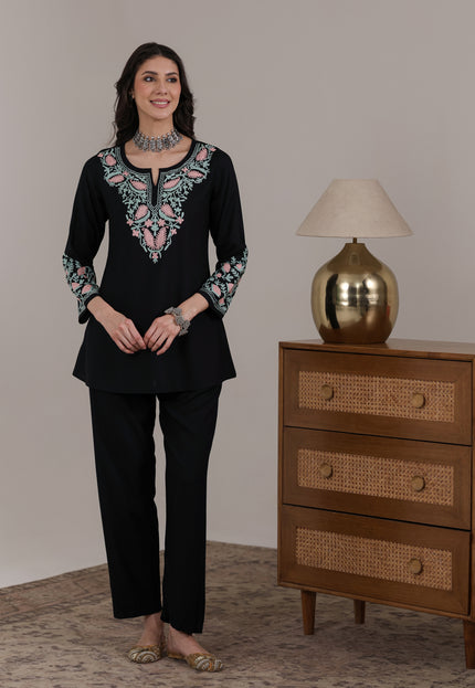 Qazmi Women Aari Embroidered Viscose Rayon A-Line Short Kurti with Full Sleeves