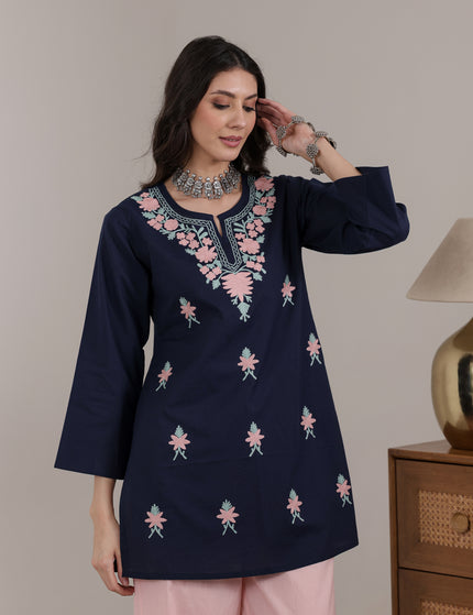 Qazmi Women's Aari Embroidered Pure Cotton Short Kurta