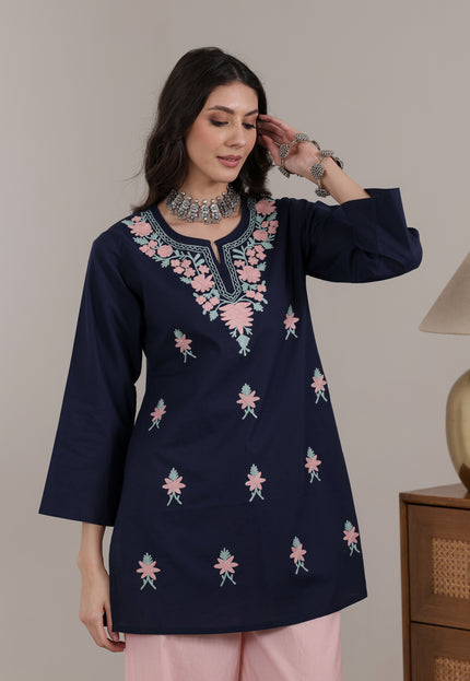 Qazmi Women's Aari Embroidered Pure Cotton Short Kurta