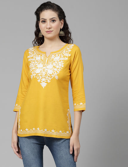 Musturd White Aari Short Kurti For Women