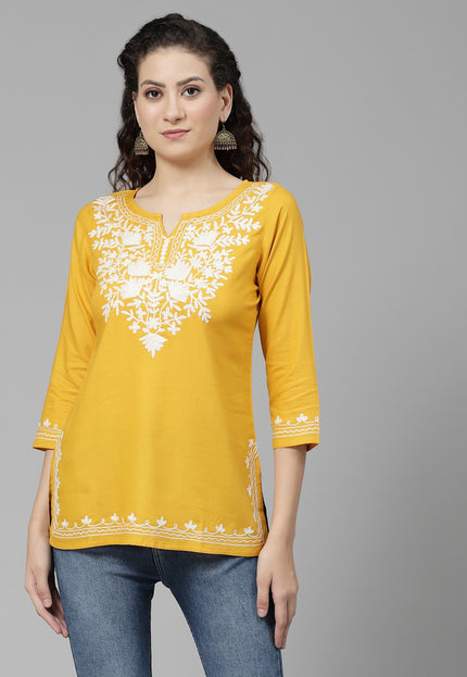 Musturd White Aari Short Kurti For Women