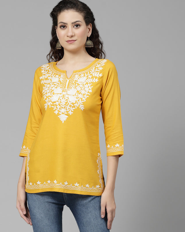 Musturd White Aari Short Kurti For Women