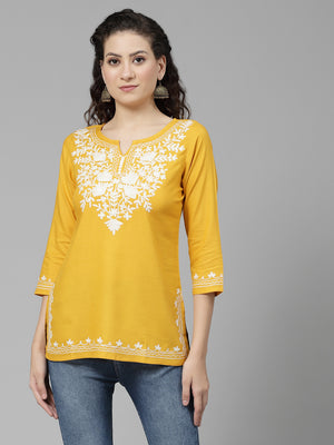 Musturd White Aari Short Kurti For Women