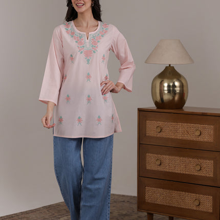 Qazmi Women's Aari Embroidered Pure Cotton Short Kurta