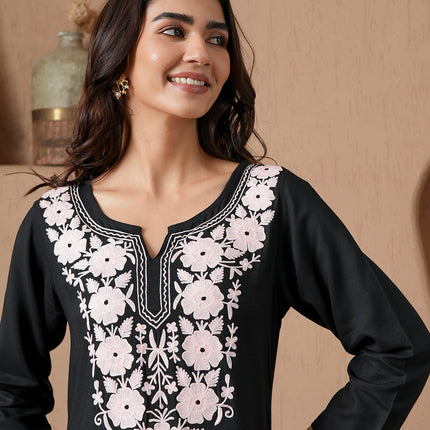 Qazmi Women's Mysa Kashmiri Aari Work Dark Wine Kurta Set