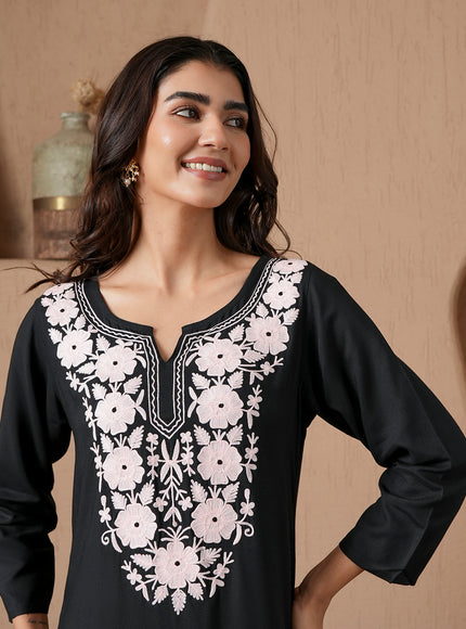 Qazmi Women's Mysa Kashmiri Aari Work Dark Wine Kurta Set