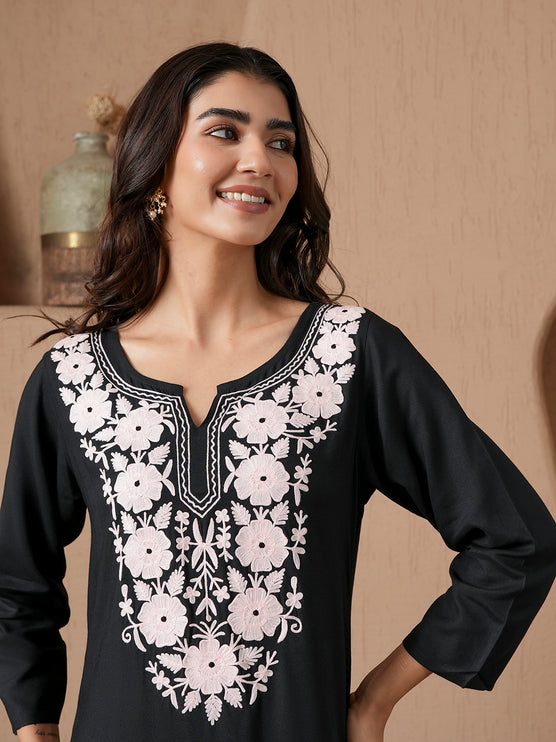 Qazmi Women's Mysa Kashmiri Aari Work Dark Wine Kurta Set