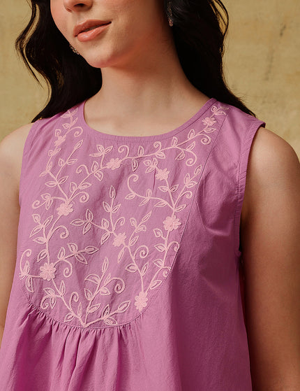 Qazmi Women's Aari Work Pink Sleeveless Peplum Cotton Kurti