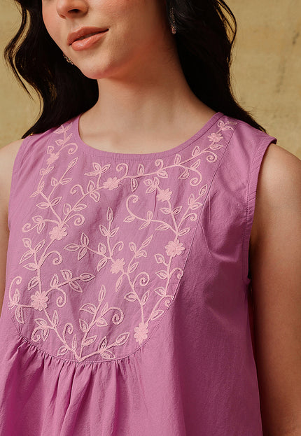 Qazmi Women's Aari Work Pink Sleeveless Peplum Cotton Kurti