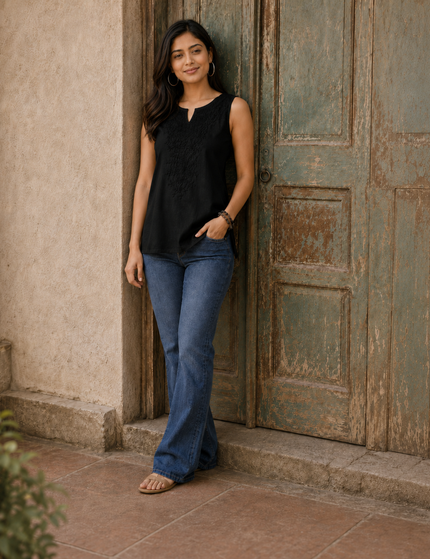 Black Self Sleeveless Aari Short Kurti For Women
