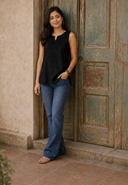 Black Self Sleeveless Aari Short Kurti For Women