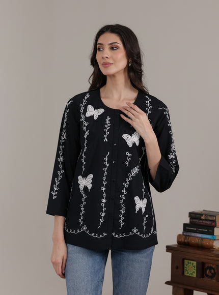 Qazmi Women Aari Embroidered Pure Cotton Buttoned Top