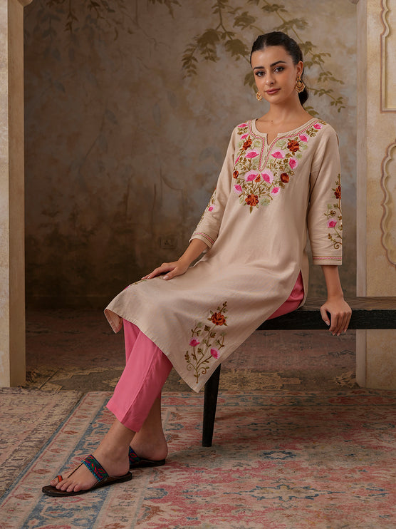 Qazmi Women's Zaynab Kashmiri Aari Work Cotton Linen Olive Green Kurta