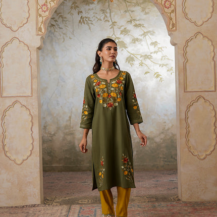 Qazmi Women's Zaynab Kashmiri Aari Work Cotton Linen Olive Green Kurta