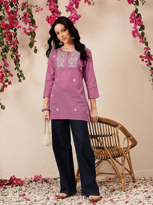Qazmi Women's Pure Cotton Kashmiri Aari Work White Kurti