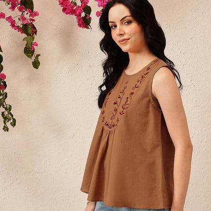 Qazmi Women's Aari Work Sleeveless Peplum Cotton Kurti