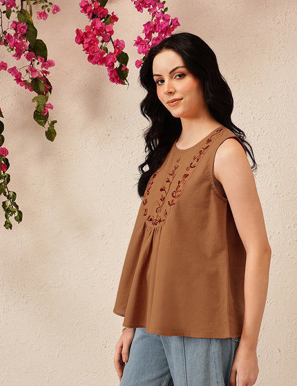 Qazmi Women's Aari Work Sleeveless Peplum Cotton Kurti
