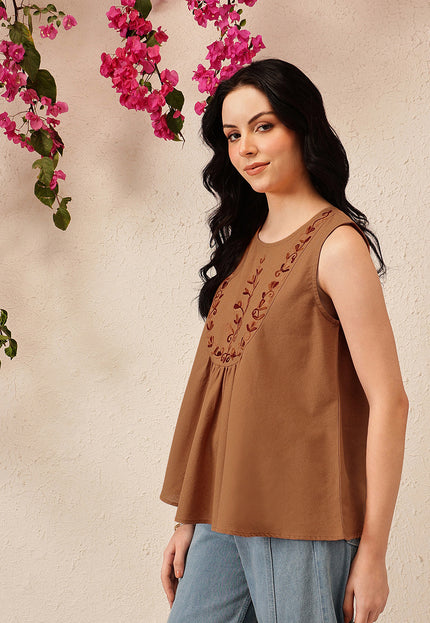 Qazmi Women's Aari Work Sleeveless Peplum Cotton Kurti