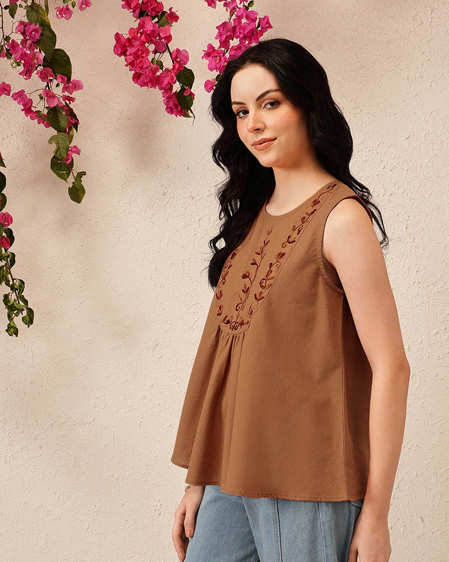 Qazmi Women's Aari Work Sleeveless Peplum Cotton Kurti