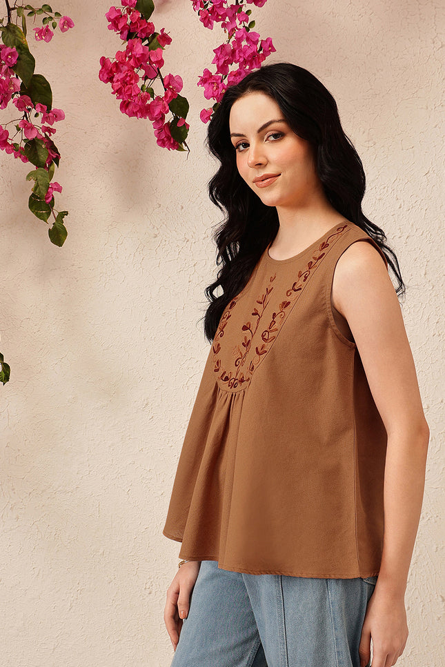 Qazmi Women's Aari Work Sleeveless Peplum Cotton Kurti