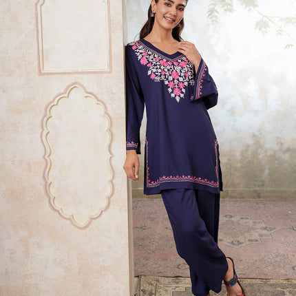 Qazmi Women's Kashmiri Aari Work Navy Blue CoOrd Set