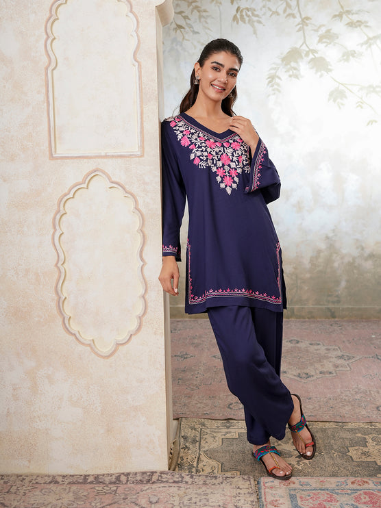 Qazmi Women's Kashmiri Aari Work Navy Blue CoOrd Set