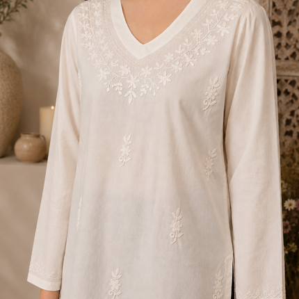 Qazmi Women's Raisa Kashmiri Aari Work V-Neck White Kurti