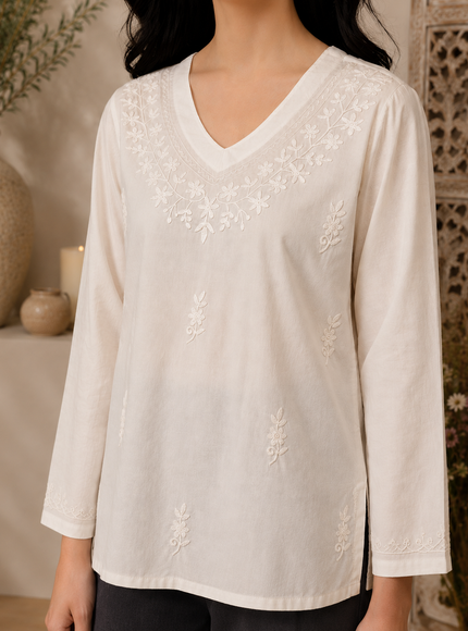 Qazmi Women's Raisa Kashmiri Aari Work V-Neck White Kurti