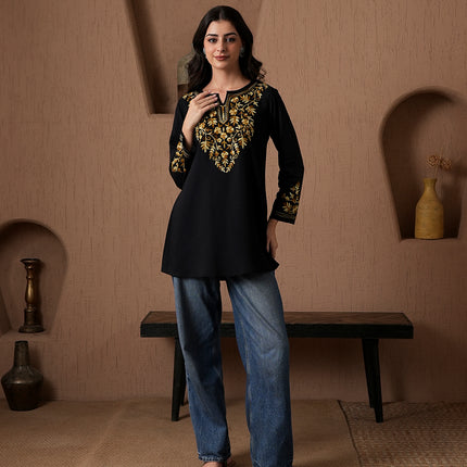 Qazmi Women's Kashmiri A-Line Full Sleeves Viscose Rayon Black Flared Short Kurti