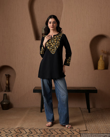 Qazmi Women's Kashmiri A-Line Full Sleeves Viscose Rayon Black Flared Short Kurti