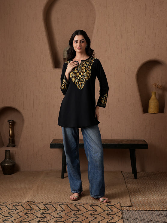Qazmi Women's Kashmiri A-Line Full Sleeves Viscose Rayon Black Flared Short Kurti