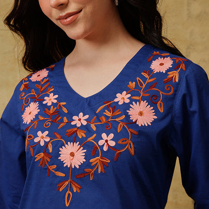 Qazmi Women's Nafisa Kashmiri Aari Work V-Neck Blue Kurti