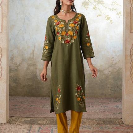 Qazmi Women's Zaynab Kashmiri Aari Work Cotton Linen Olive Green Kurta