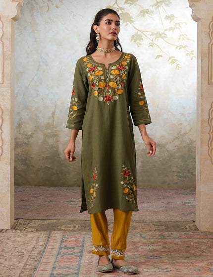 Qazmi Women's Zaynab Kashmiri Aari Work Cotton Linen Olive Green Kurta