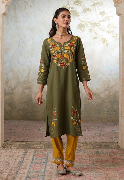 Qazmi Women's Zaynab Kashmiri Aari Work Cotton Linen Olive Green Kurta