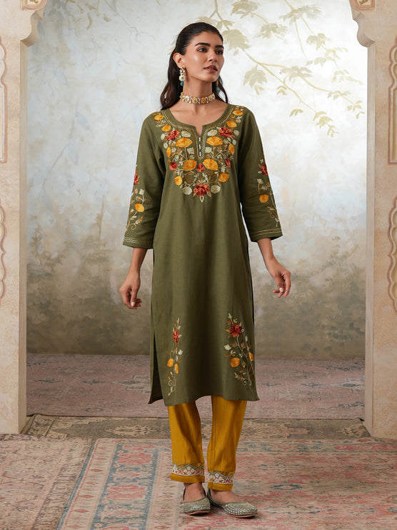 Qazmi Women's Zaynab Kashmiri Aari Work Cotton Linen Olive Green Kurta