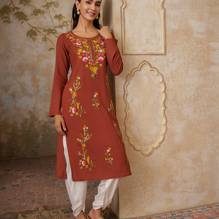 Qazmi Women's Sahar Kashmiri Aari Work Straight Kurta